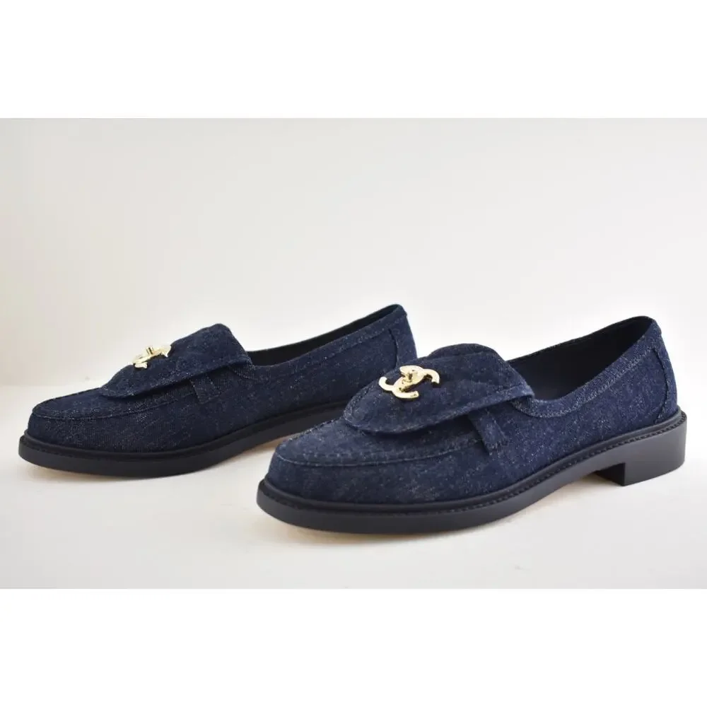 Chanel 24S Dark Blue Denim Quilted Turnlock CC Logo Moccasin Flat Loafer 38c